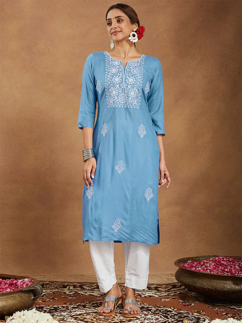 Saheli Women's Sky Blue Rayon Embroidered Straight Kurta