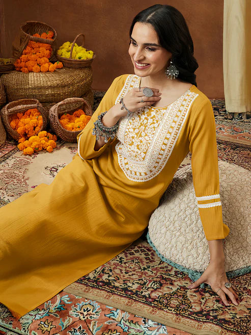 Saheli Women's Mustard Silk Blend Embroidered Straight Kurta