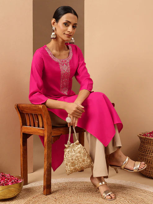 Saheli Women's Pink Chanderi Silk Yoke Embroidery Straight Kurta