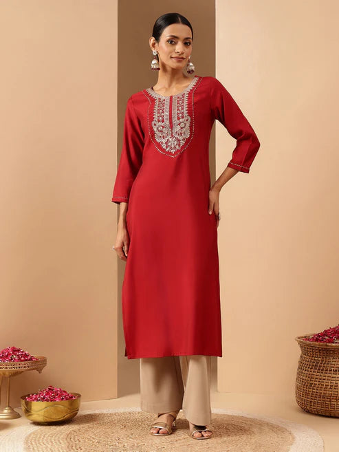 Saheli Women's Maroon Chanderi Silk Yoke Embroidered Straight Kurta.