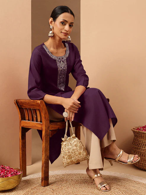 Saheli Women's Wine Chanderi Silk Zari Yoke Embroidered Straight Kurta