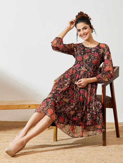 Saheli Women's Black Georgette Floral Printed A-line Dress