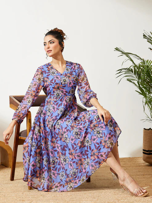 Saheli Women's Lavender Georgette Floral Printed A-line Dress