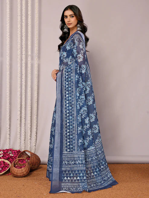 Saheli Navy Blue Linen Blend Floral Printed Daily Wear Saree with Blouse Piece