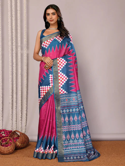 Saheli Pink & Blue Chanderi Silk Geometric Printed Saree with Blouse Piece