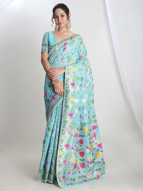 Saheli Women's Sky Blue Silk Blend Floral Woven Design Jacquard Saree with Blouse Piece