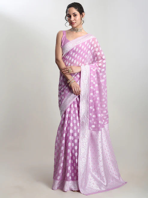 Saheli Women's Lavender Silk Blend Floral Woven Design Jacquard Saree with Blouse Piece