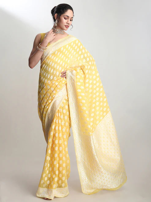 Saheli Women's Yellow Silk Blend Floral Woven Design Jacquard Saree with Blouse Piece