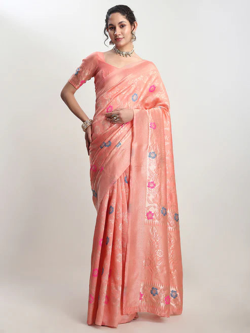 Saheli Women's Peach Silk Blend Floral Woven Design Jacquard Saree with Blouse Piece