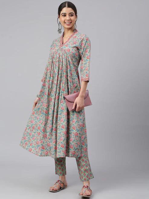 Saheli Sea Green Cotton Floral Print Kurta with Pant