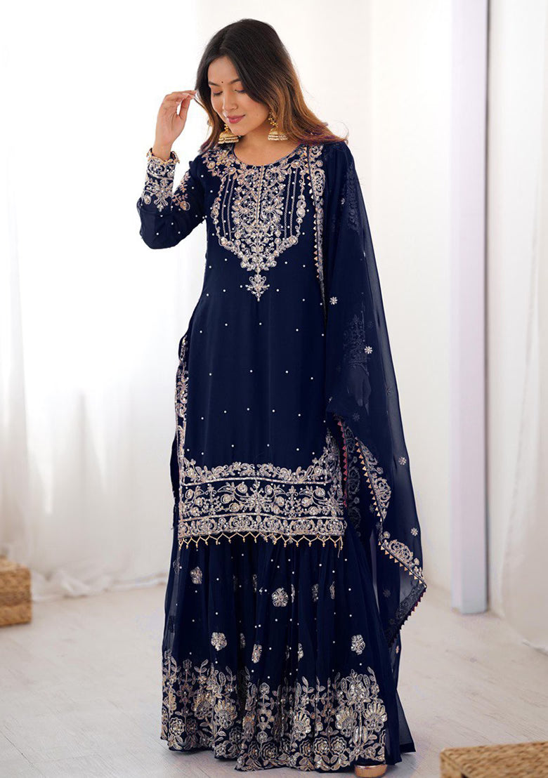 Saheli Navy Blue Embroidery Georgette Kurta Set