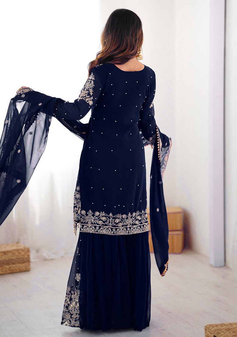 Saheli Navy Blue Embroidery Georgette Kurta Set