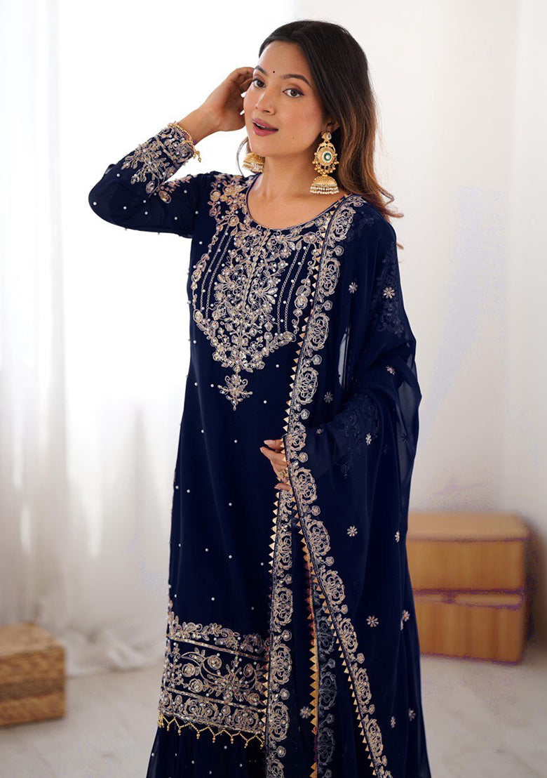 Saheli Navy Blue Embroidery Georgette Kurta Set