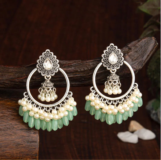 Saheli Silver Plated Round Shaped Designed Artwork With Droplet Pearl &amp; Colorful Beads Fashion Antique Earring