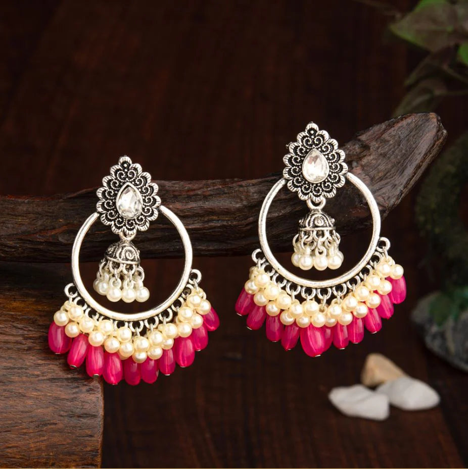 Saheli Silver Plated Round Shaped Designed Artwork With Droplet Pearl &amp; Colorful Beads Fashion Antique Earring