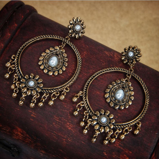 Saheli Antique Gold Plated Ethnic Earring with Pearl and Ghungroos