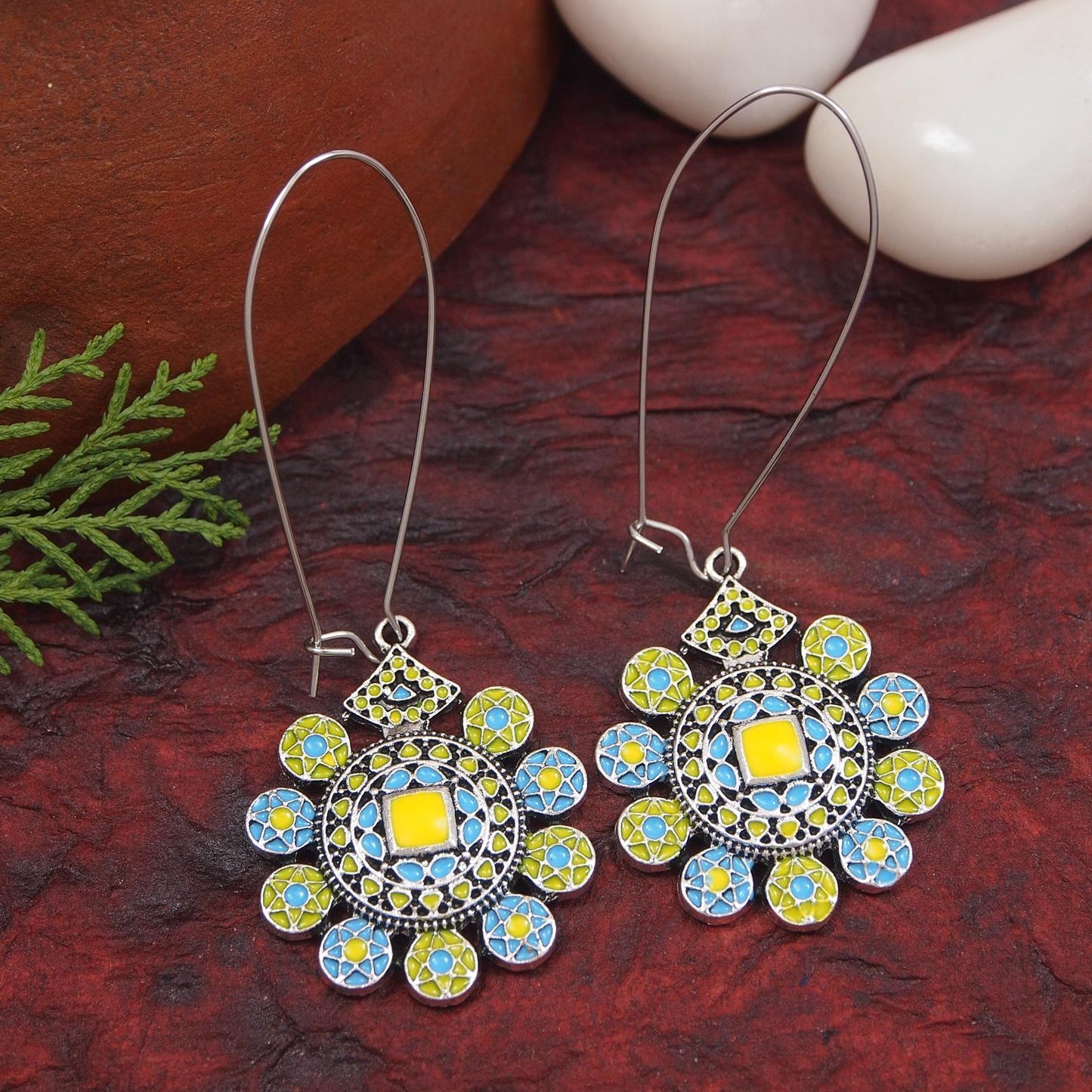 Saheli Antique Gold/Silver Plated Dual Coloured Enamel Dangler Earring