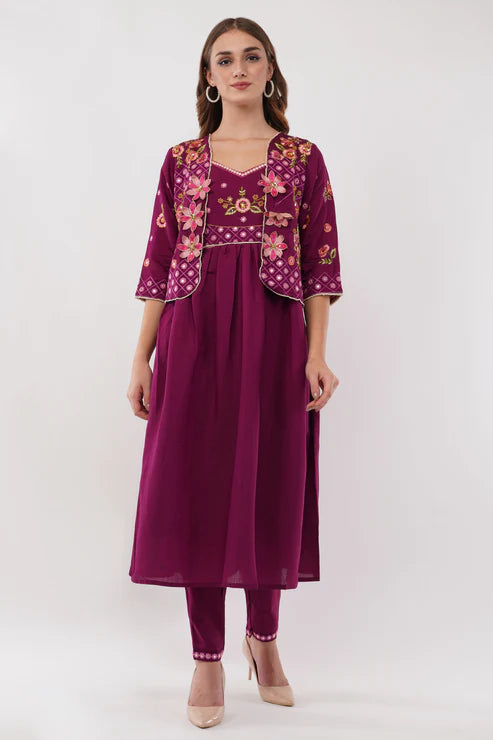 Saheli Purple Viscose Silk Anarkali Set With Jacket - Set Of 3