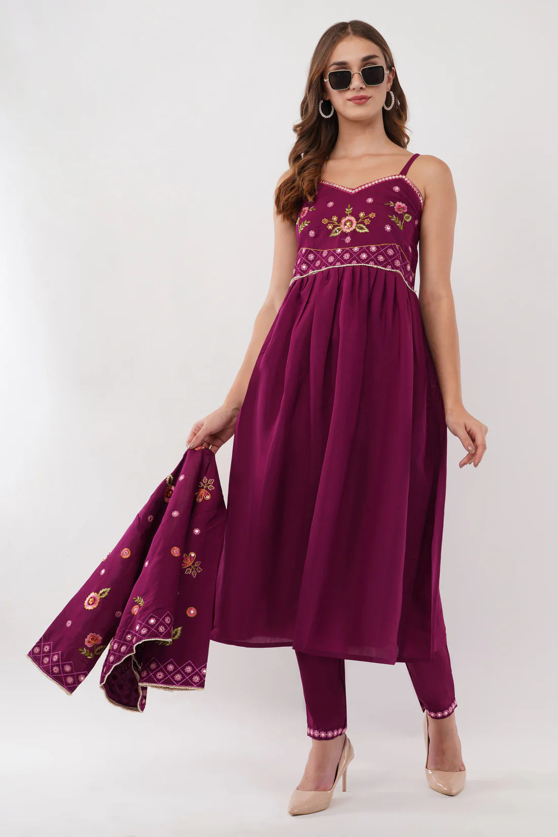 Saheli Purple Viscose Silk Anarkali Set With Jacket - Set Of 3