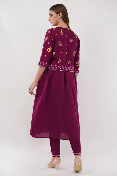 Saheli Purple Viscose Silk Anarkali Set With Jacket - Set Of 3