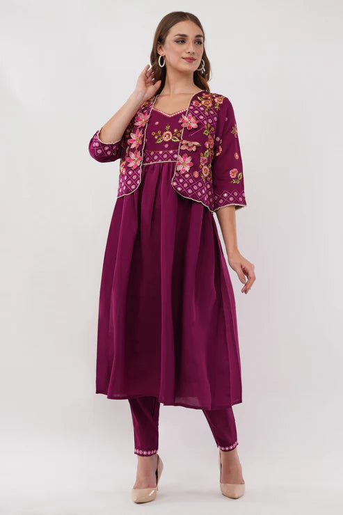 Saheli Purple Viscose Silk Anarkali Set With Jacket - Set Of 3