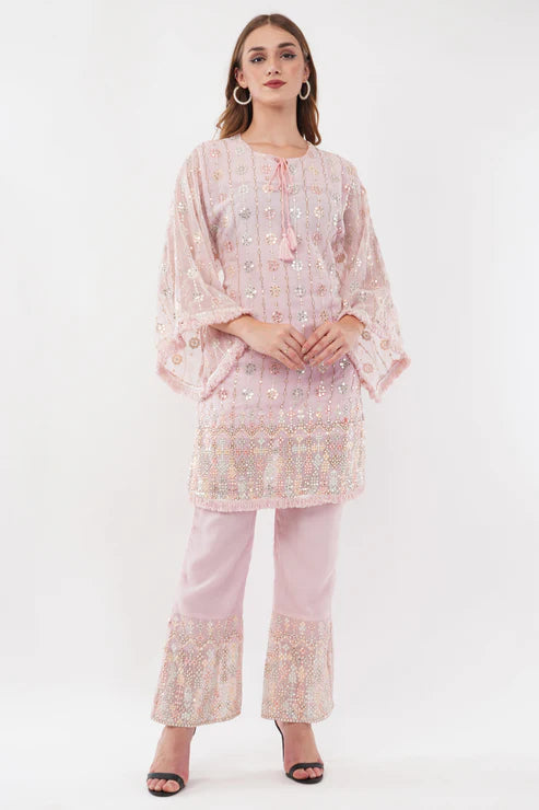 Saheli Light Pink Georgette Embroidered Pastel Co-Ord Set - Set Of 2