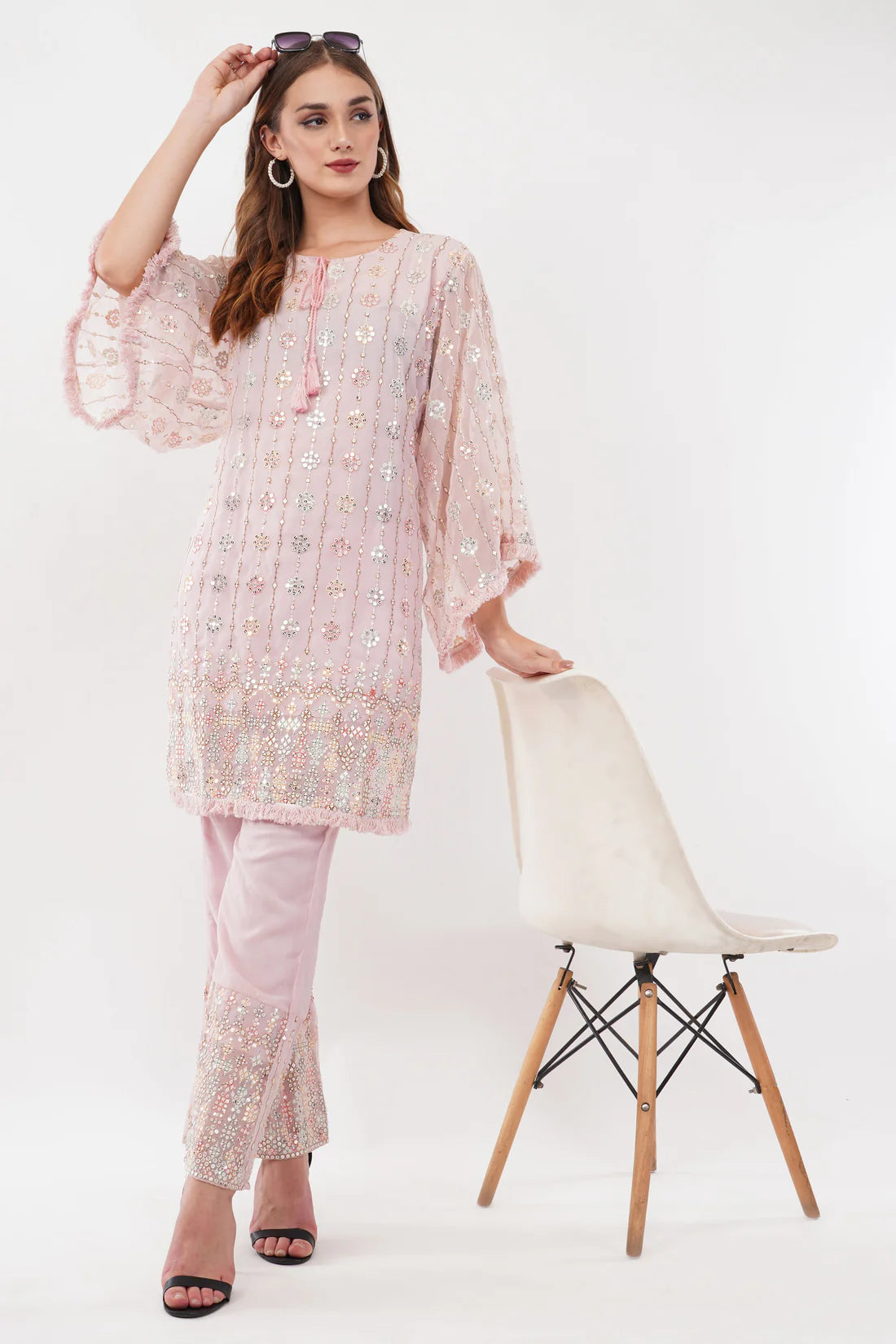 Saheli Light Pink Georgette Embroidered Pastel Co-Ord Set - Set Of 2