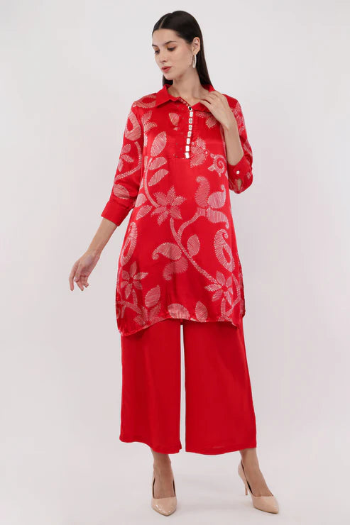 Saheli Red Gaji Silk Printed Shirt Co-Ord Set - Set Of 2