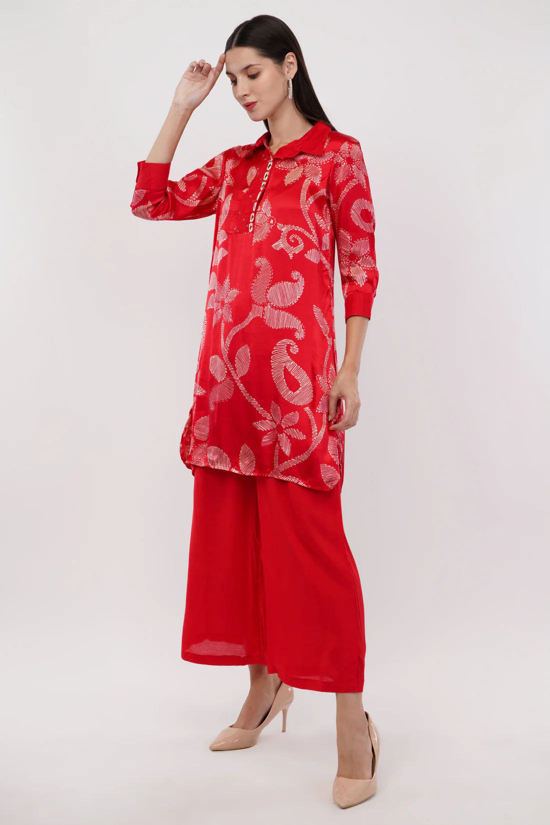 Saheli Red Gaji Silk Printed Shirt Co-Ord Set - Set Of 2
