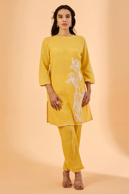 Saheli Yellow Light Embroidered Cotton Co-Ord Set