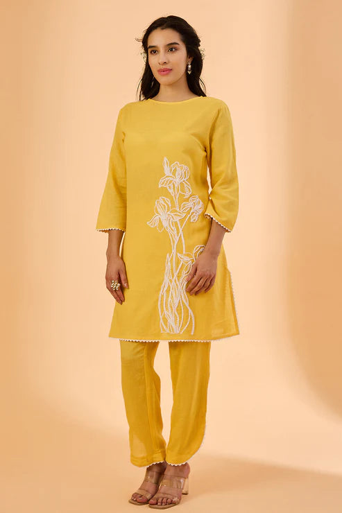 Saheli Yellow Light Embroidered Cotton Co-Ord Set