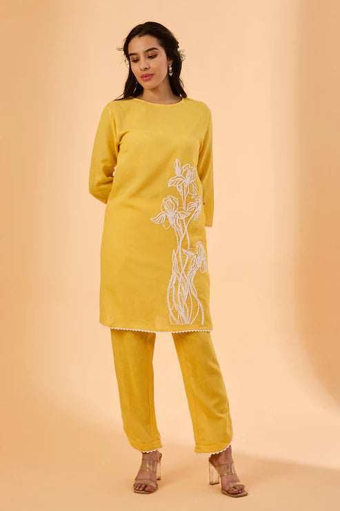 Saheli Yellow Light Embroidered Cotton Co-Ord Set