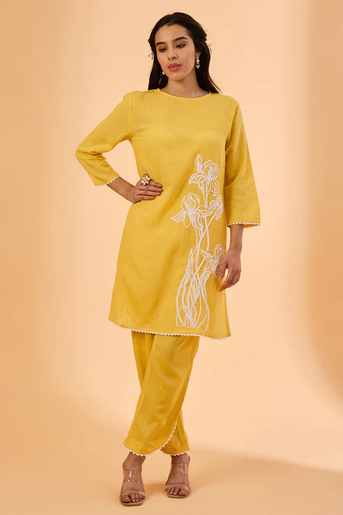 Saheli Yellow Light Embroidered Cotton Co-Ord Set