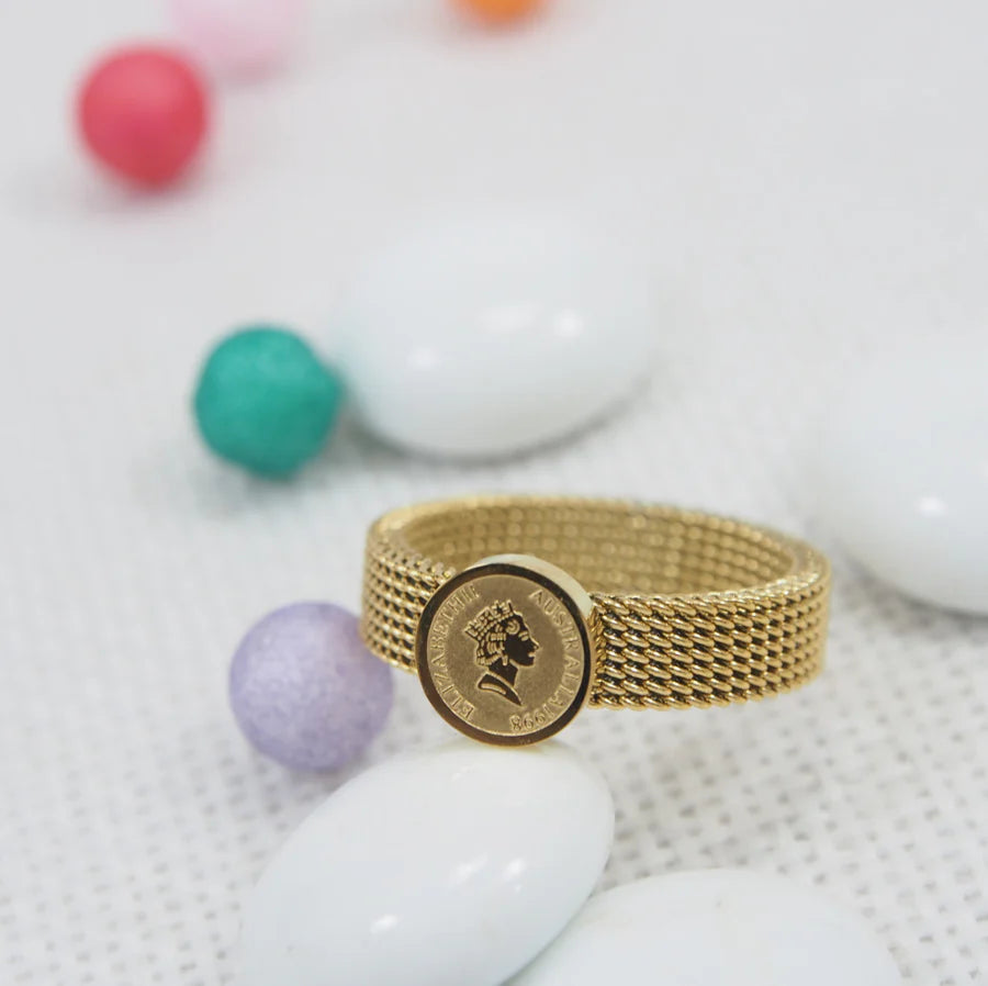 Saheli Stainless Steel Gold/Silver/Rosegold Plated Bracelet Design Potrait Coin Shaped Finger Ring