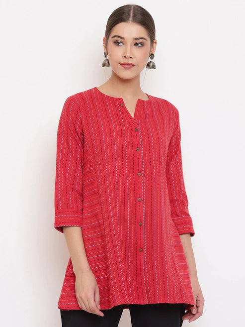 Saheli Red Cotton Woven Design A-Line Top