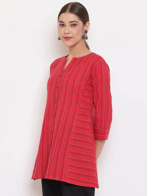 Saheli Red Cotton Woven Design A-Line Top