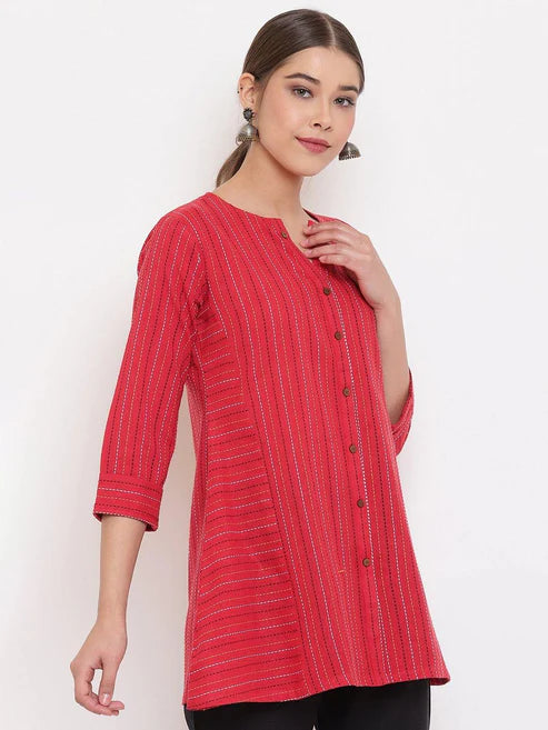 Saheli Red Cotton Woven Design A-Line Top