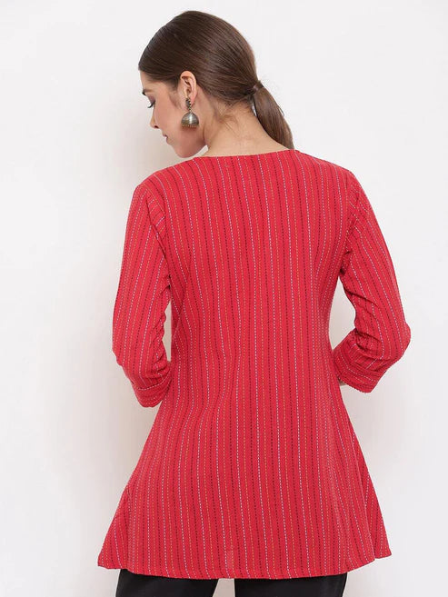 Saheli Red Cotton Woven Design A-Line Top