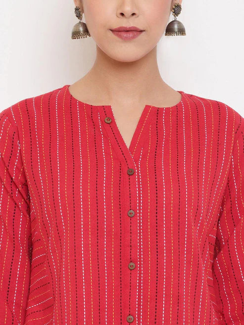 Saheli Red Cotton Woven Design A-Line Top