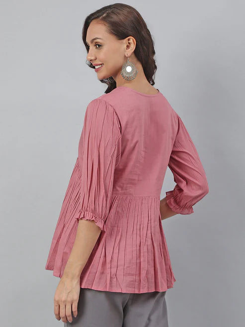 Saheli Pink Cotton Embroidered Fit and Flared Top