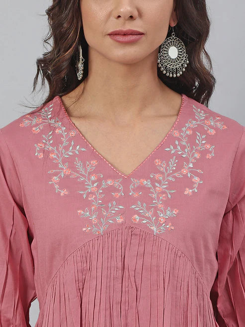 Saheli Pink Cotton Embroidered Fit and Flared Top