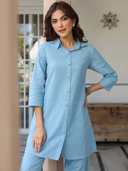 Saheli Light Blue Cotton Solid A-line Co-ord Set