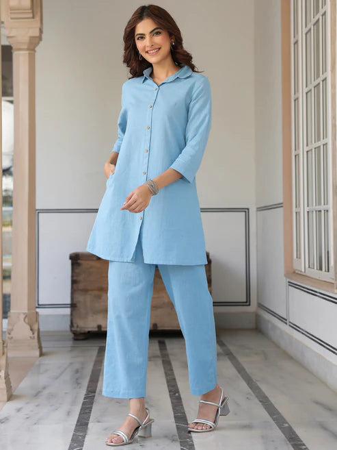 Saheli Light Blue Cotton Solid A-line Co-ord Set