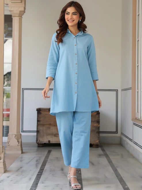 Saheli Light Blue Cotton Solid A-line Co-ord Set