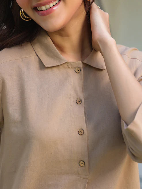 Saheli Beige Cotton Solid A-line Co-ord Set