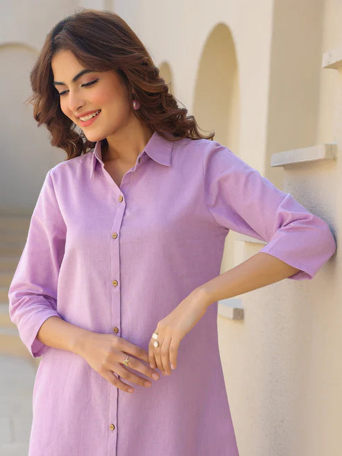 Saheli Lavender Cotton Solid A-line Co-ord Set