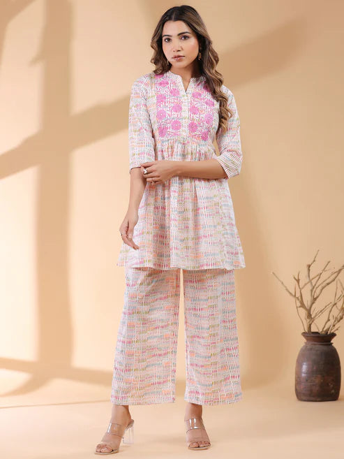 Saheli White Pure Cotton Abstract A-line Co-ord Set