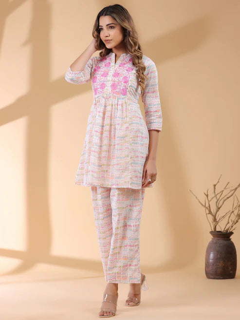 Saheli White Pure Cotton Abstract A-line Co-ord Set