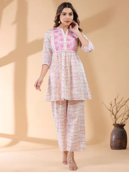 Saheli White Pure Cotton Abstract A-line Co-ord Set