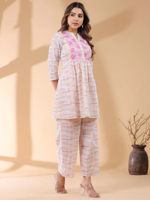 Saheli White Pure Cotton Abstract A-line Co-ord Set